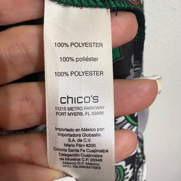 Chico's Green Print Satin V-Neck Blouse Sz 0/S - Picture 6 of 13